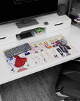 Charlotte Dunois poses in maid, police, nurse and yukata looks on glossy floor, 32x16 inches.