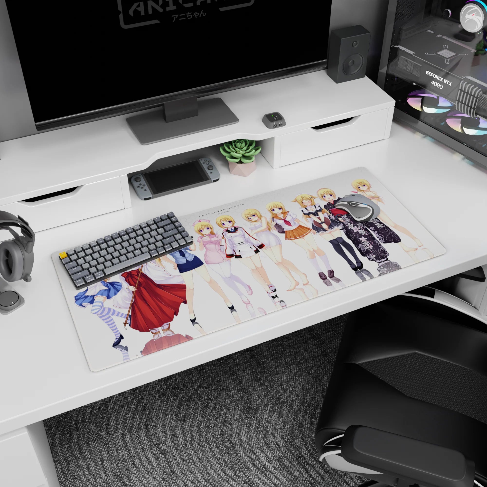 36x16 inches anime girl desk pad showing Charlotte Dunois in multiple costumes on a bright white stage with shine.