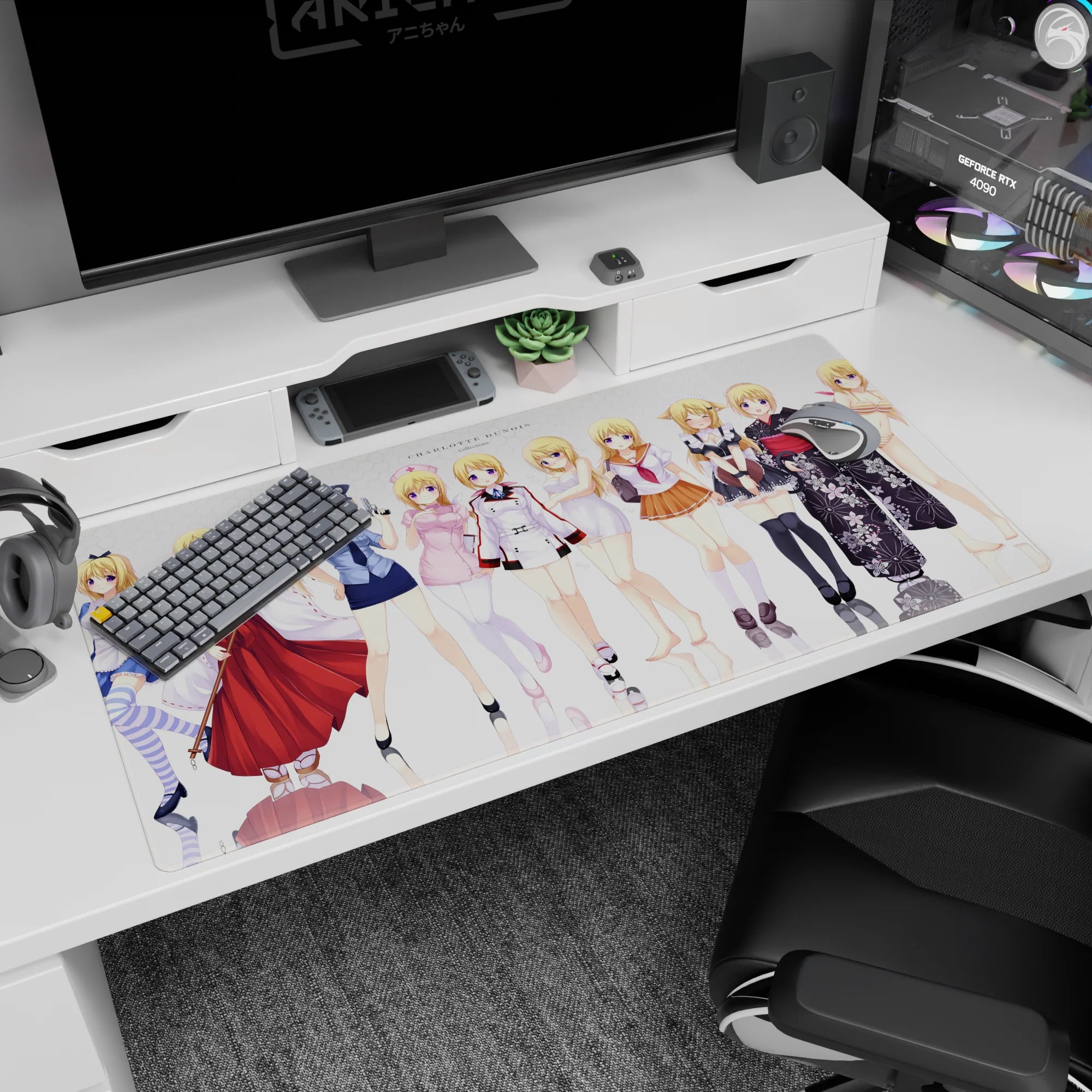 Charlotte Dunois anime girl poses on glossy mirrored floor, maid and police looks, desk pad 40x20 inches.