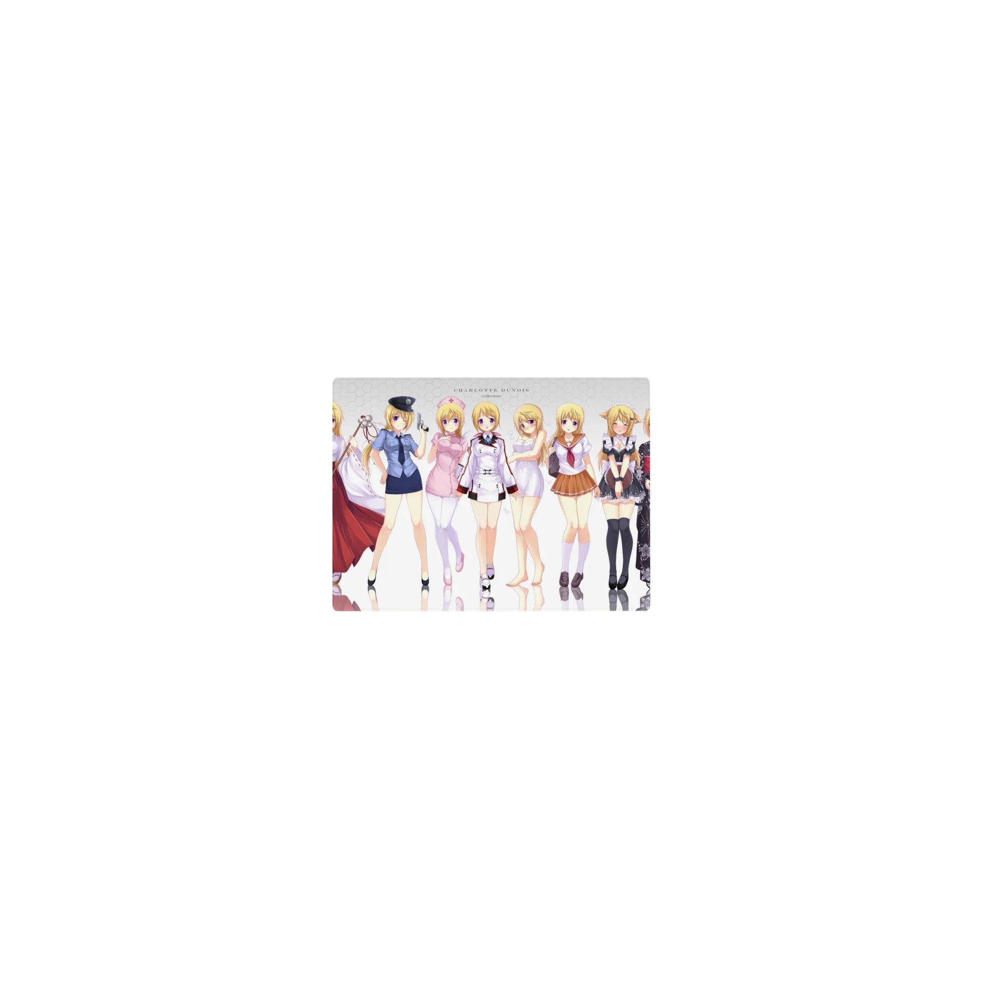 14x10 inches classic anime girl mouse pad with Charlotte Dunois in multiple outfits on a clean white background.