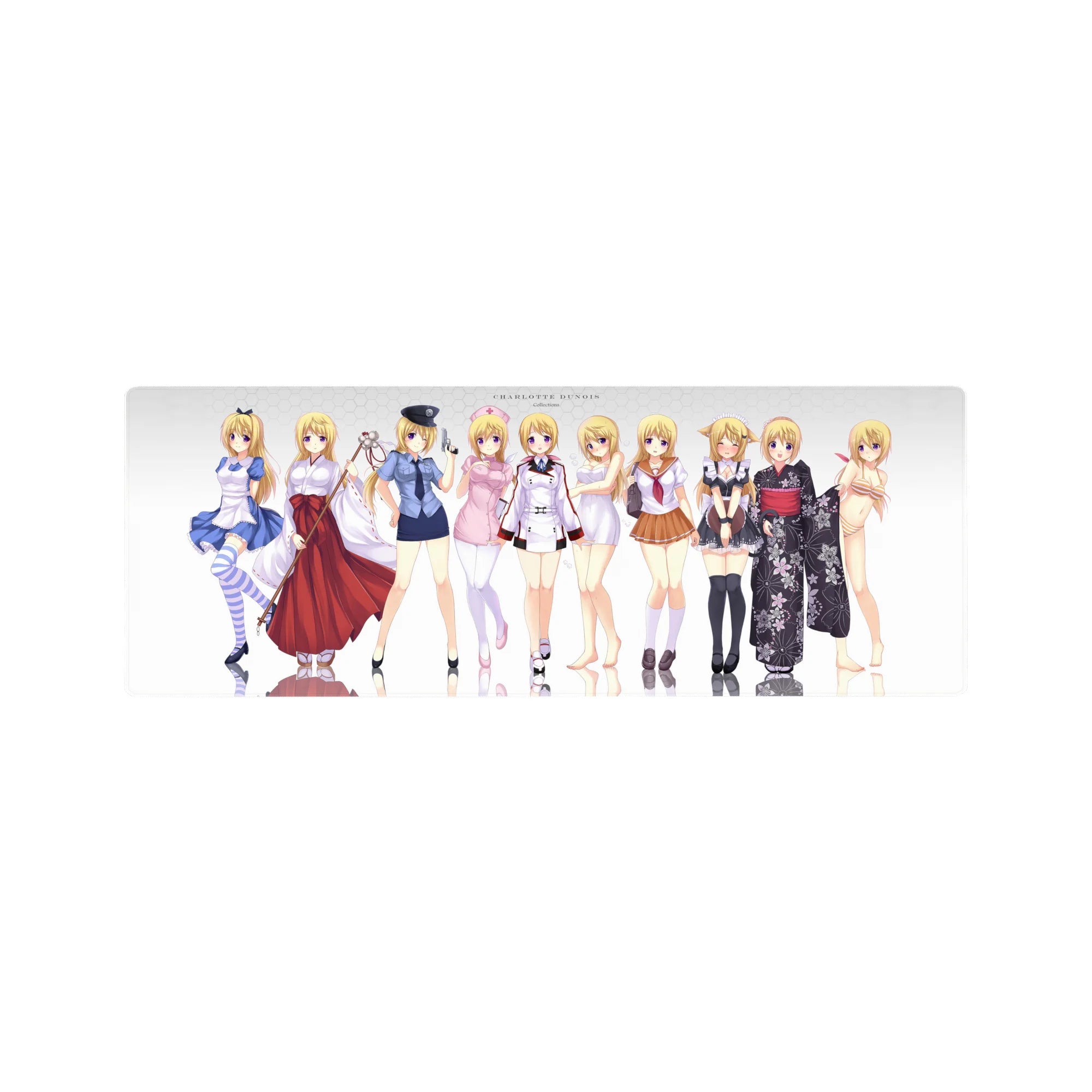 32x12 inches anime girl mouse pad featuring Charlotte Dunois in multiple outfits on a clean white backdrop.
