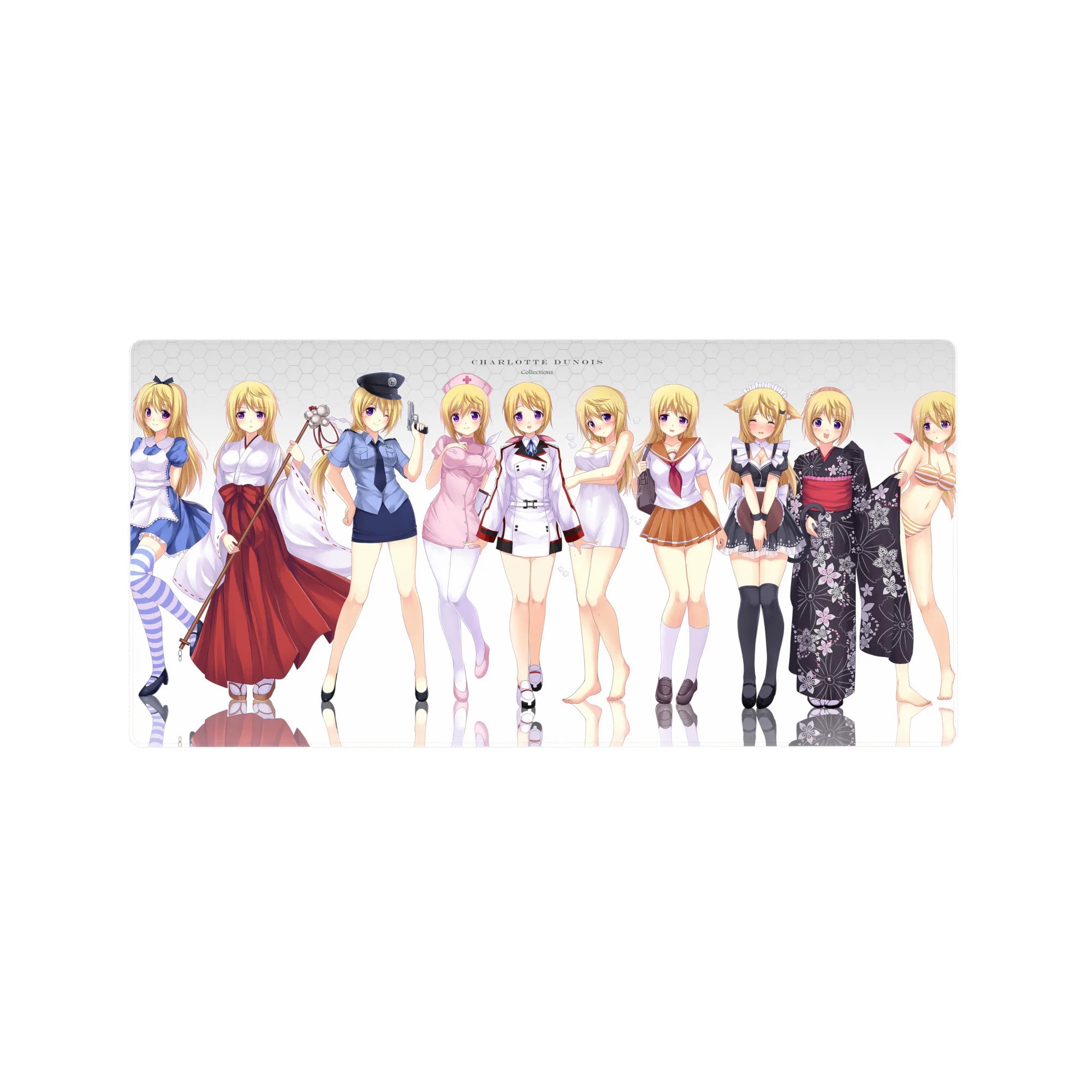 Charlotte Dunois anime girl mouse pad collage of multiple outfits on clean white, 32x16 inches.