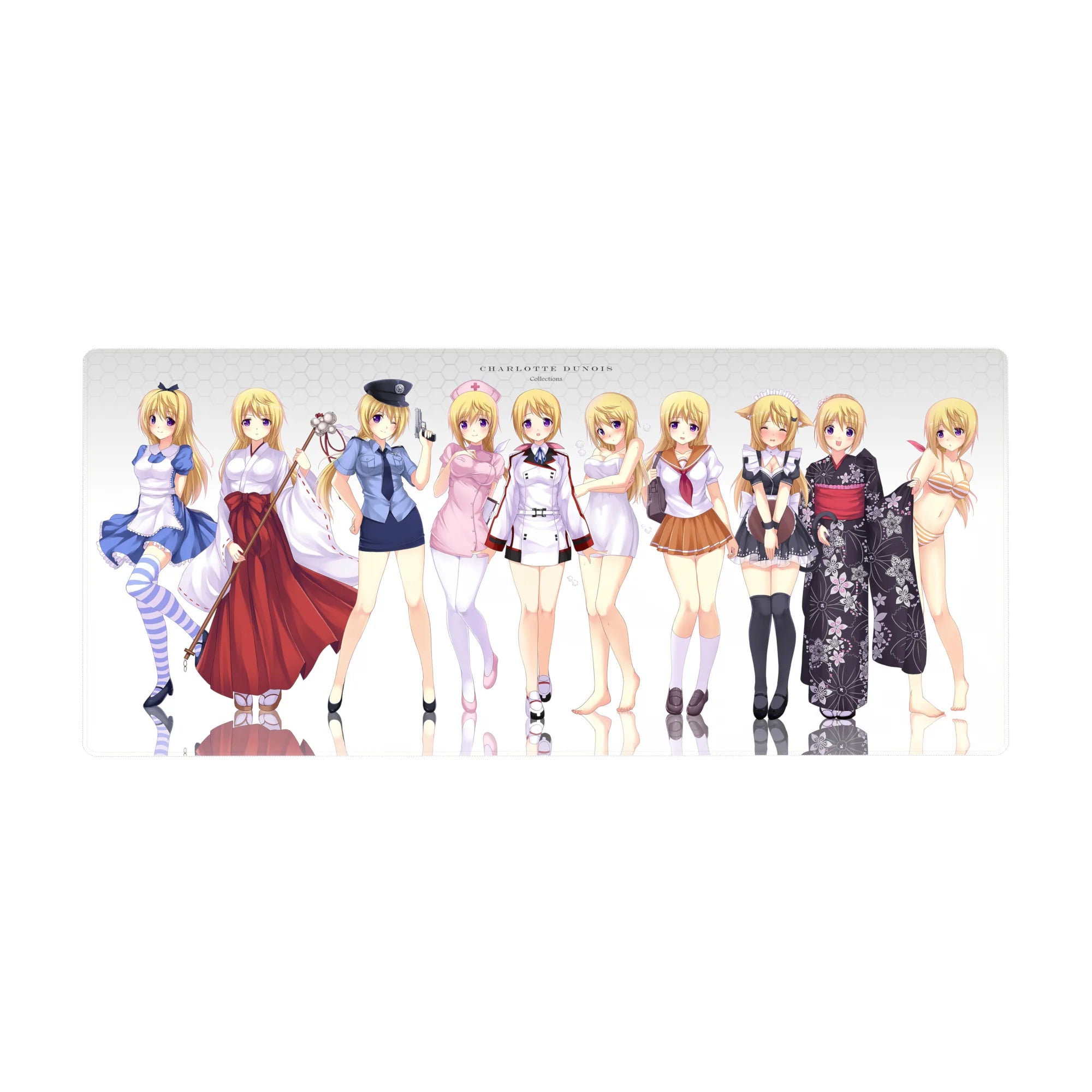 36x16 inches anime girl desk pad with Charlotte Dunois lineup in maid, shrine, police, nurse, and yukata outfits.