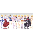 36x16 inches anime girl desk pad with Charlotte Dunois lineup in maid, shrine, police, nurse, and yukata outfits.
