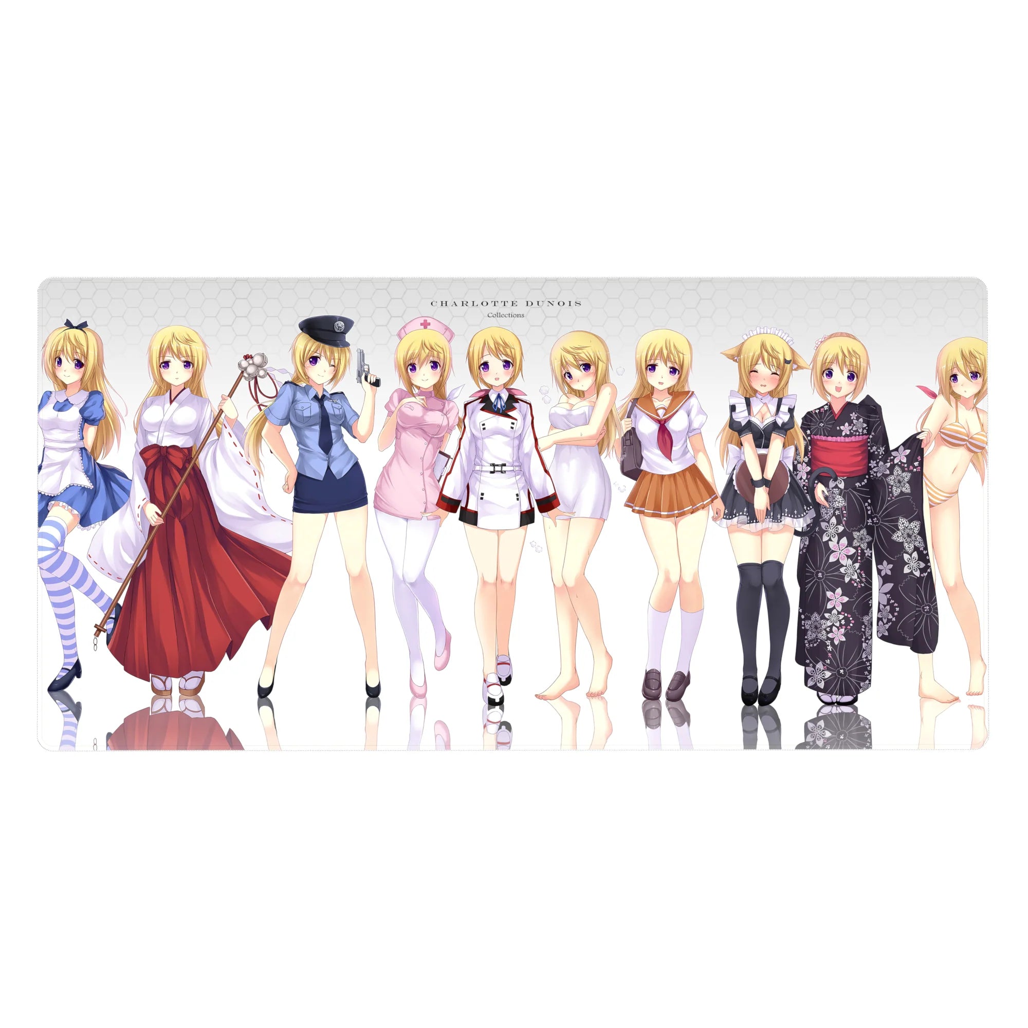 Charlotte Dunois outfit lineup anime girl desk pad, maid to nurse and yukata, 40x20 inches.