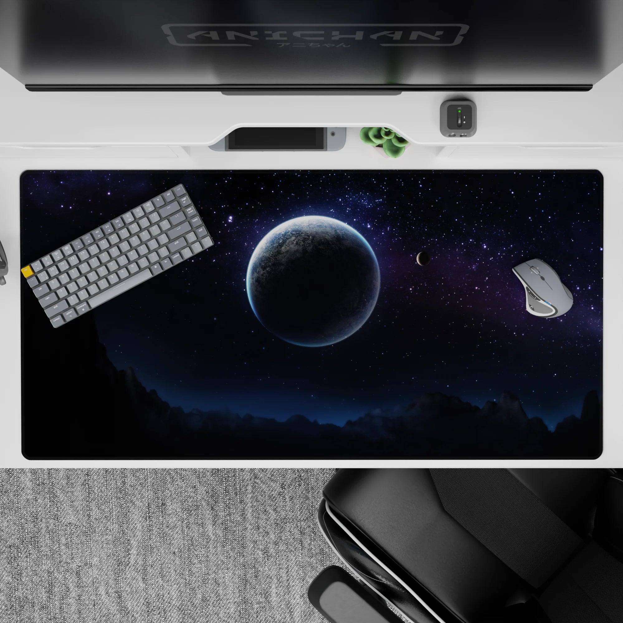 Desk pad 40x20 inches featuring a calm midnight sky design with stars, nebula haze, and moonlike planet scene.
