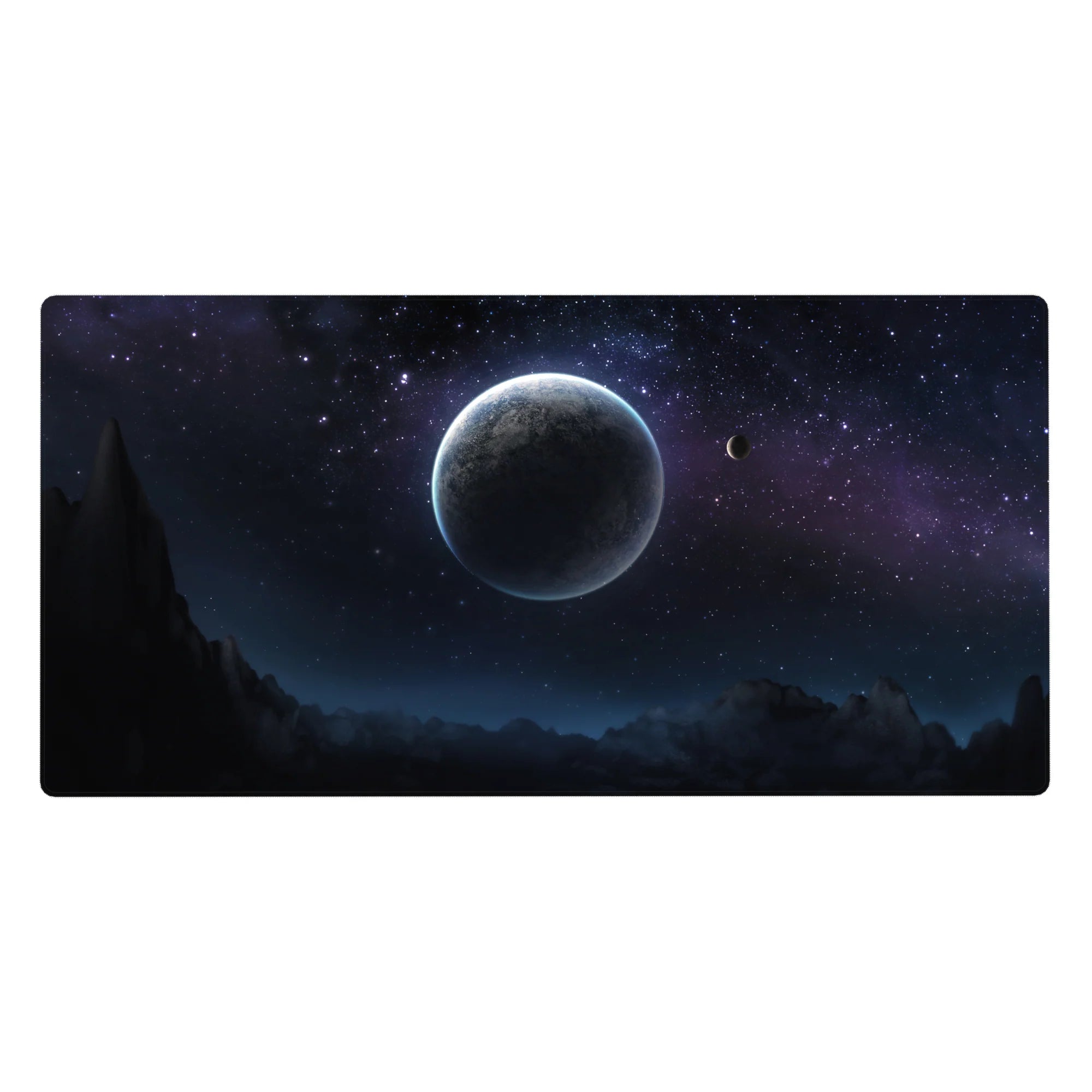 Large desk pad 40x20 inches with midnight sky design, soft nebula haze, and moonlike planet against dark peaks.