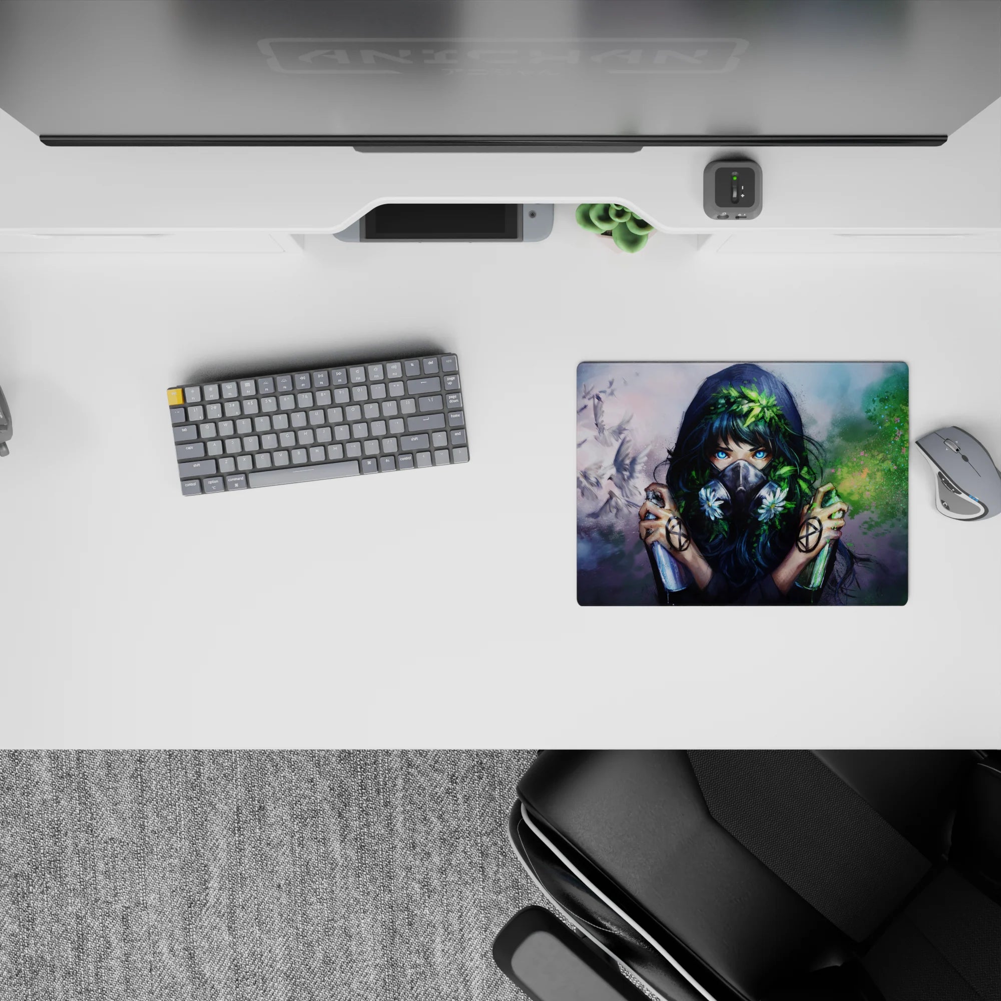 Moody gray-and-green 14x10 inches anime mouse pad with neon-blue eyes, soft mist, and calming rebel vibe.