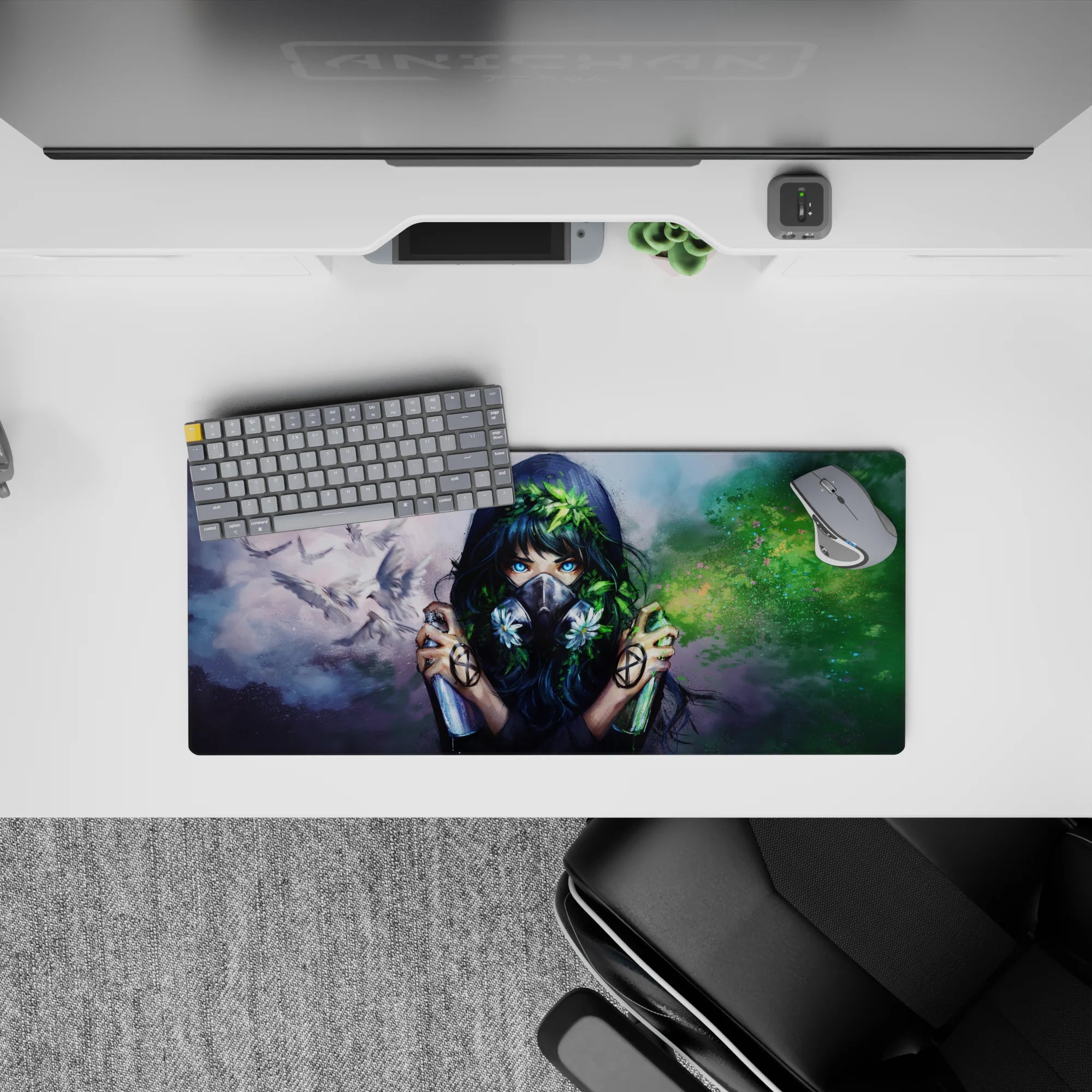 28x12 inches anime mouse pad in soft gray fog and wild green splashes, calm yet rebellious vibe.
