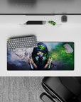 28x12 inches anime mouse pad in soft gray fog and wild green splashes, calm yet rebellious vibe.