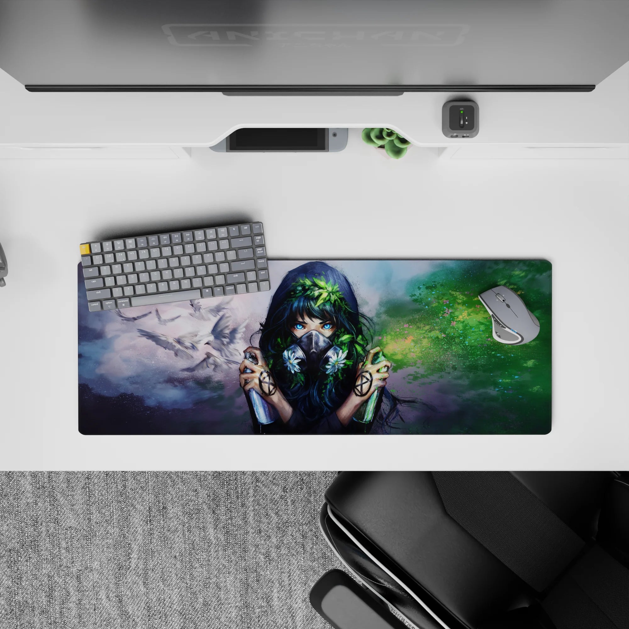 Moody gray-and-green anime desk mat 32x12 inches with neon blue eyes, soft mist, and calming rebel vibe.