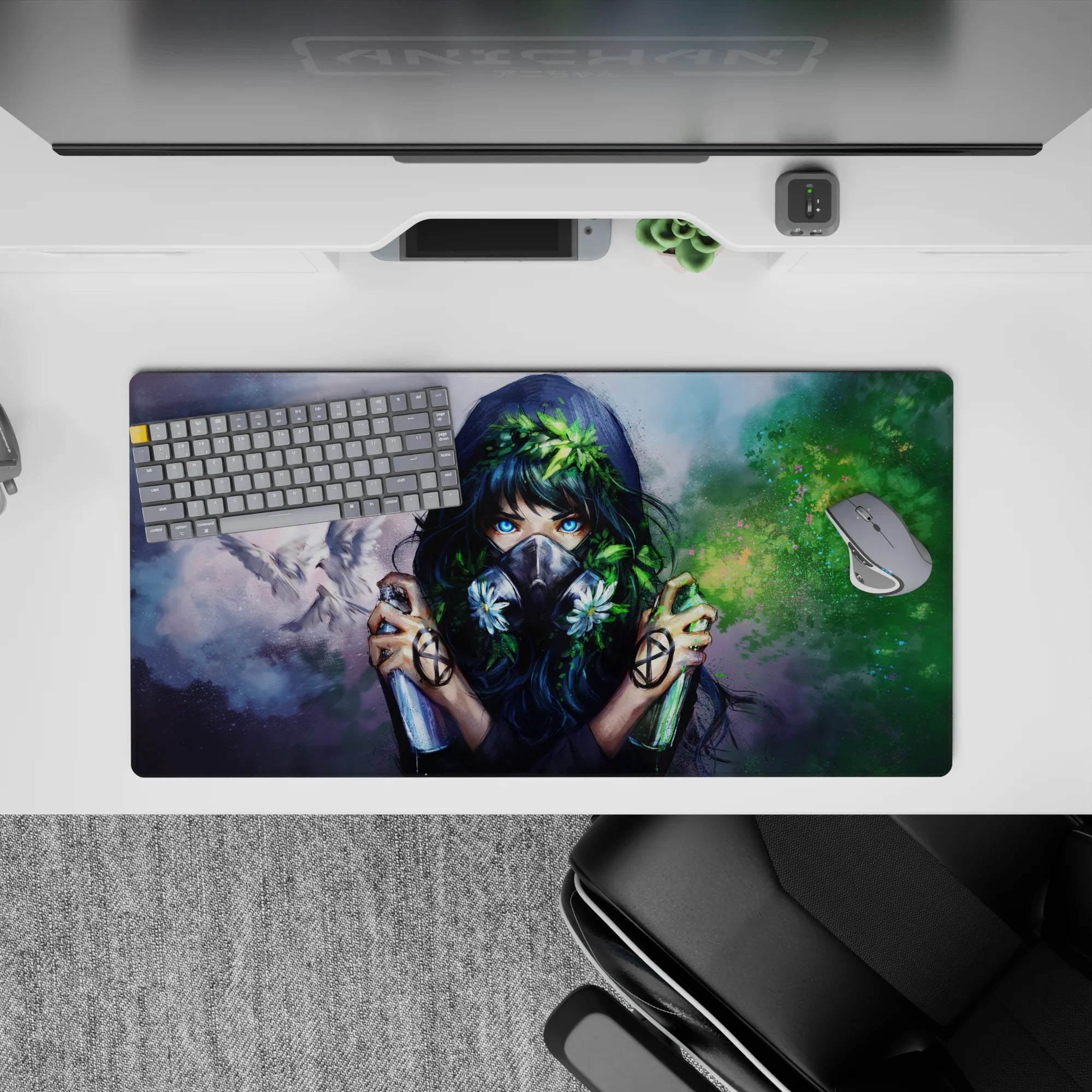 Moody gray-and-green 32x16 inches anime girl mouse pad with neon-blue eyes, calm rebel aesthetic.