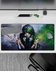 Moody gray-and-green 32x16 inches anime girl mouse pad with neon-blue eyes, calm rebel aesthetic.