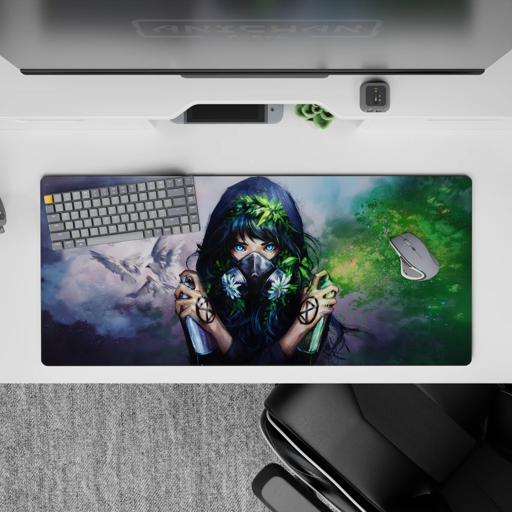 Moody gray-and-green anime desk pad 36x16 inches with neon-blue eyes, calm mist, and edgy vibe.