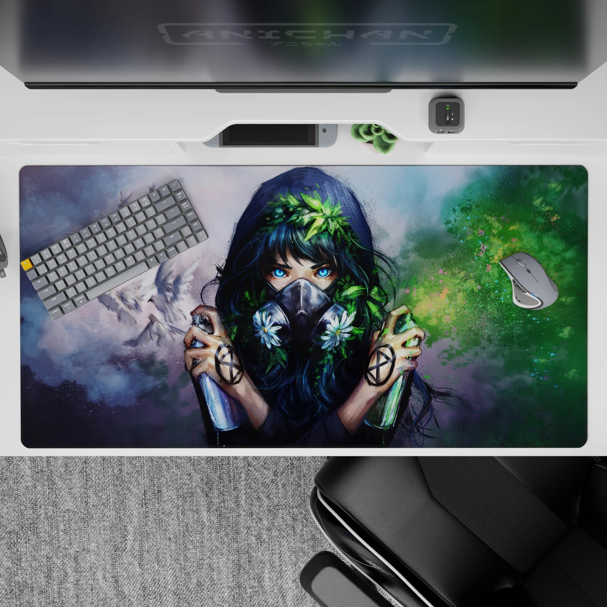 40x20 inches anime desk pad in soft gray mist and neon-blue accents with green paint splashes, calm rebel vibe.