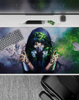 40x20 inches anime desk pad in soft gray mist and neon-blue accents with green paint splashes, calm rebel vibe.