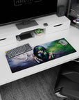 Masked anime girl with respirator and neon-blue eyes on mouse pad 32x12 inches, doves in misty sky.