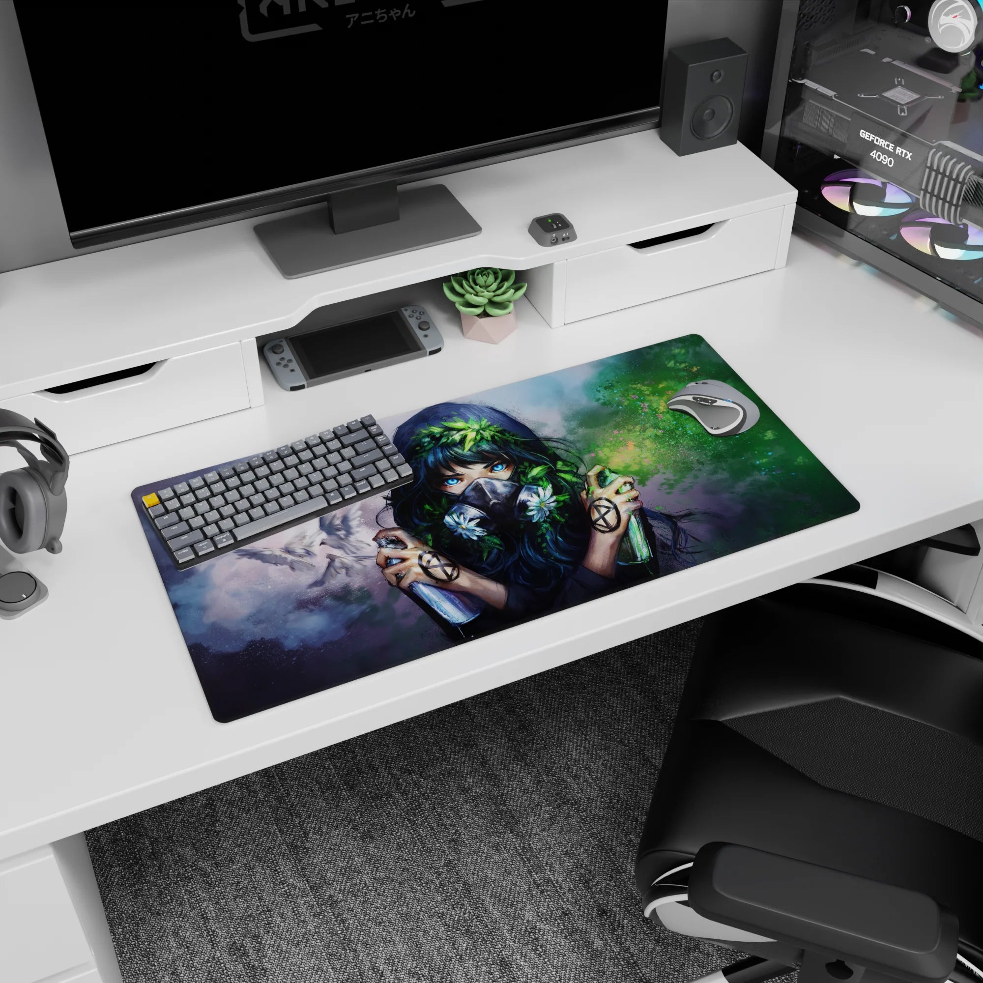 Masked anime girl with leafy crown and neon blue eyes on 32x16 inches desk mouse pad, doves overhead.