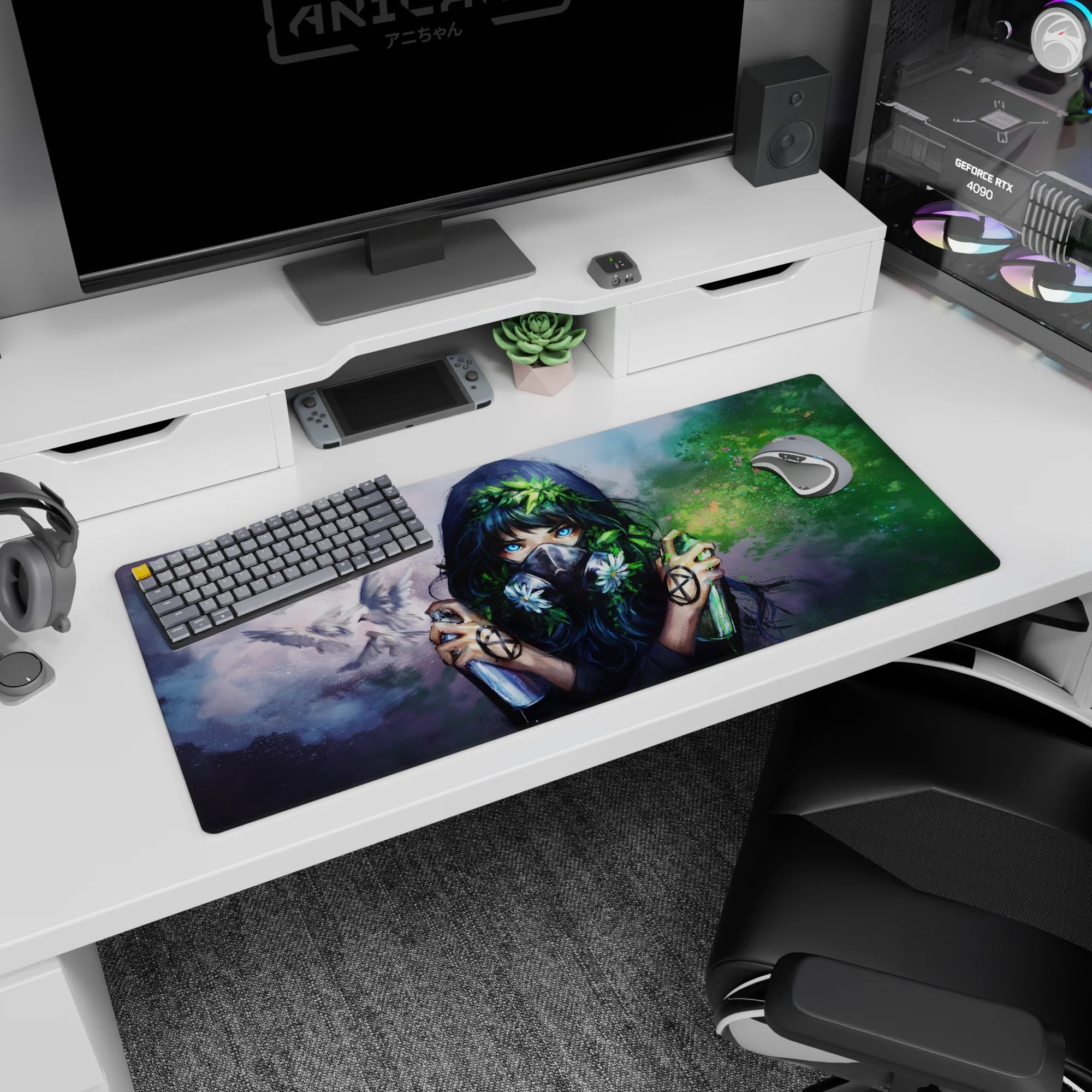 Masked anime girl desk pad 36x16 inches with leafy crown, neon-blue eyes, doves, and gray mist.