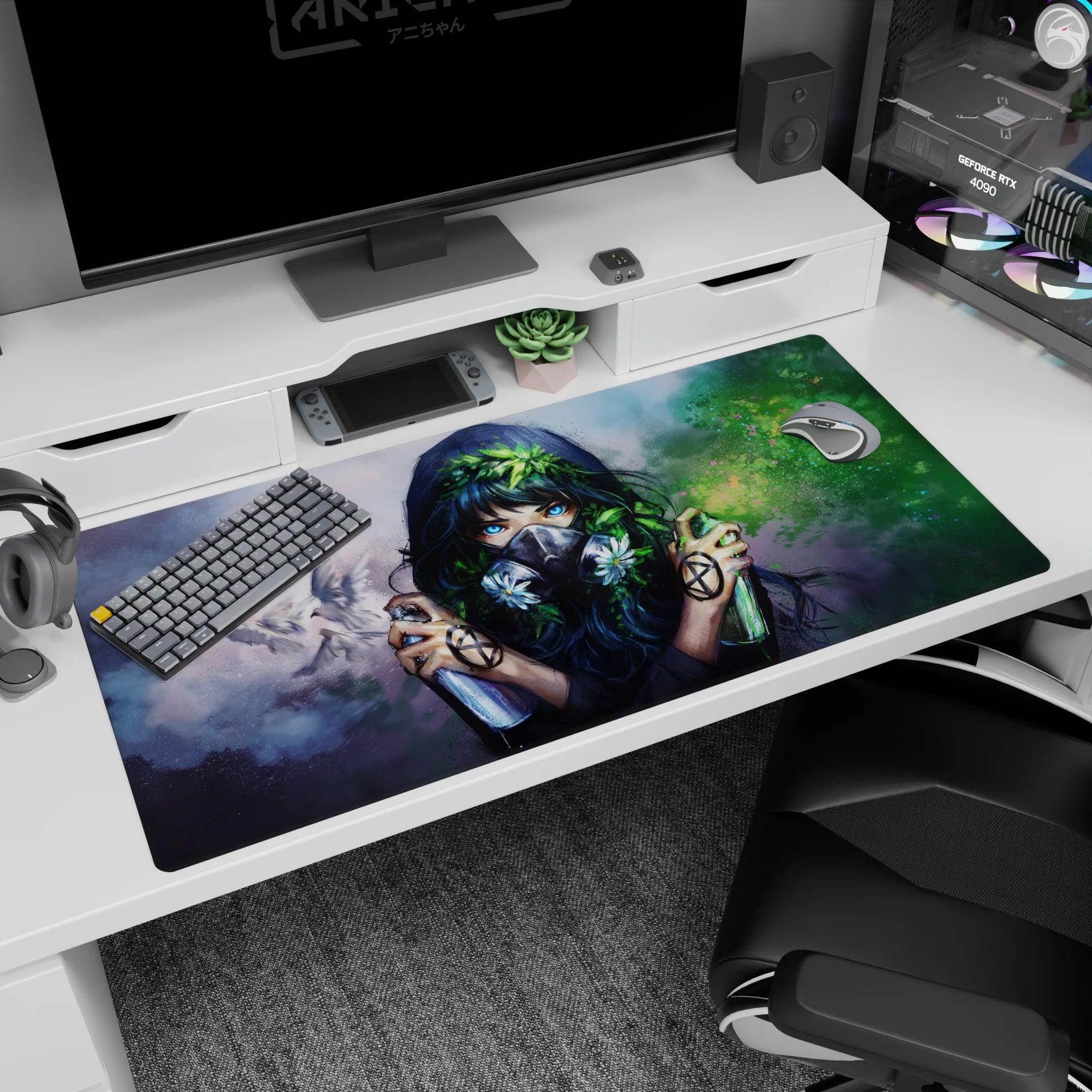 Masked anime girl with neon-blue eyes and leafy crown under doves on a misty sky desk pad 40x20 inches.