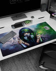 Masked anime girl with neon-blue eyes and leafy crown under doves on a misty sky desk pad 40x20 inches.
