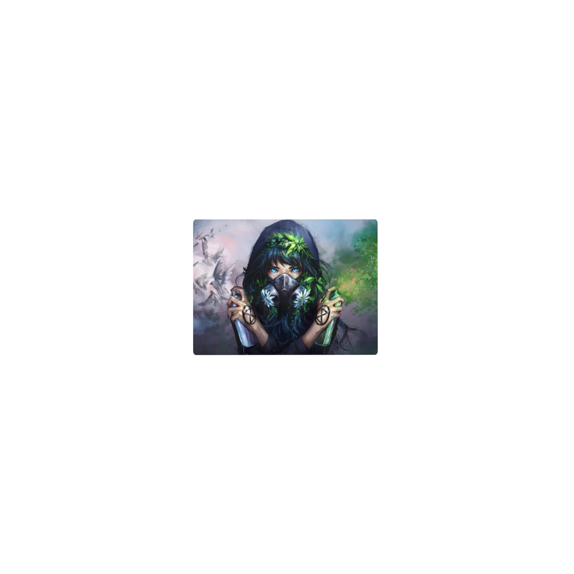 Classic anime girl mouse pad 14x10 inches with masked girl, doves, misty clouds, and green paint splashes.
