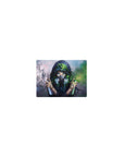 Classic anime girl mouse pad 14x10 inches with masked girl, doves, misty clouds, and green paint splashes.