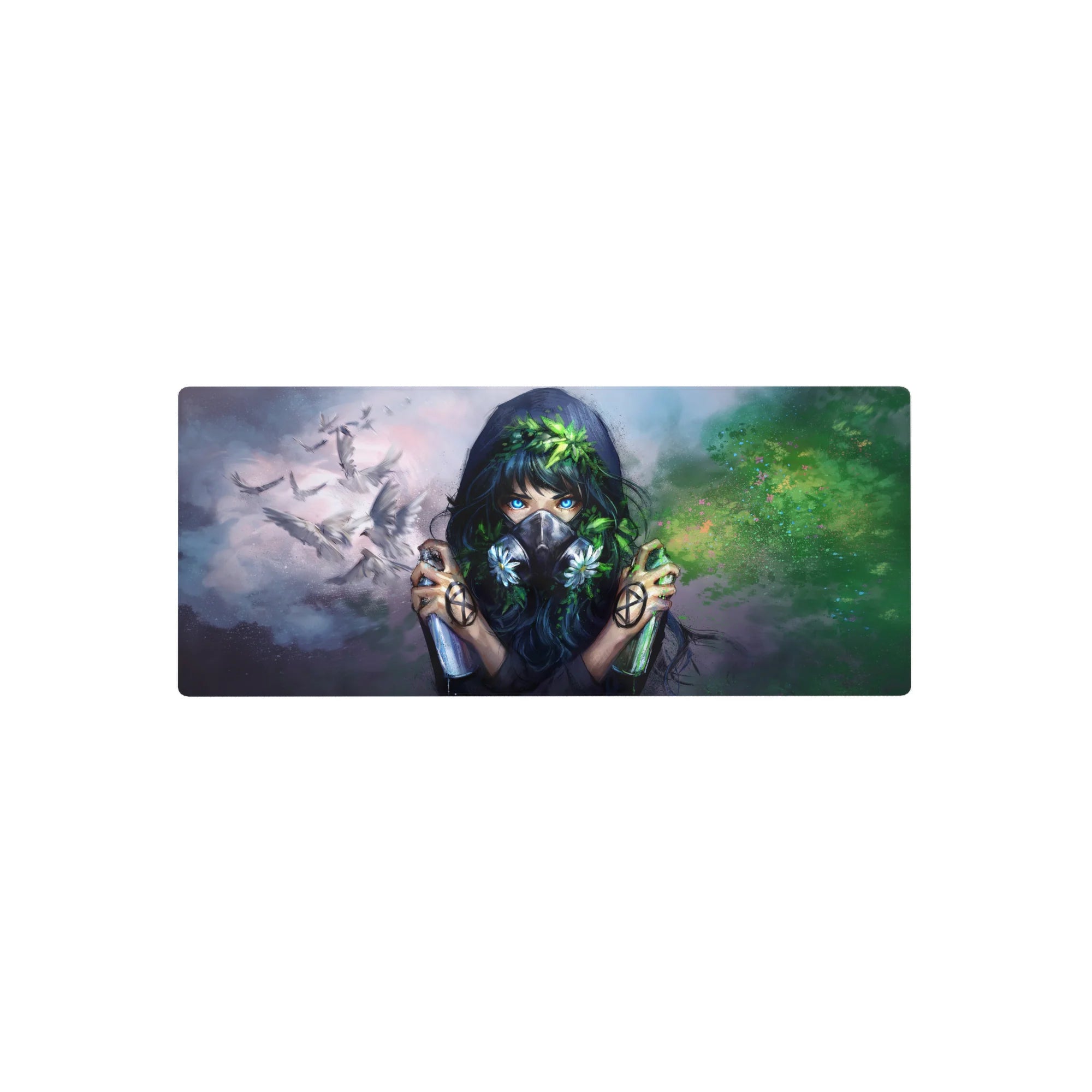 28x12 inches anime girl mouse pad with misty clouds, flying doves, neon eyes, and leafy crown design.