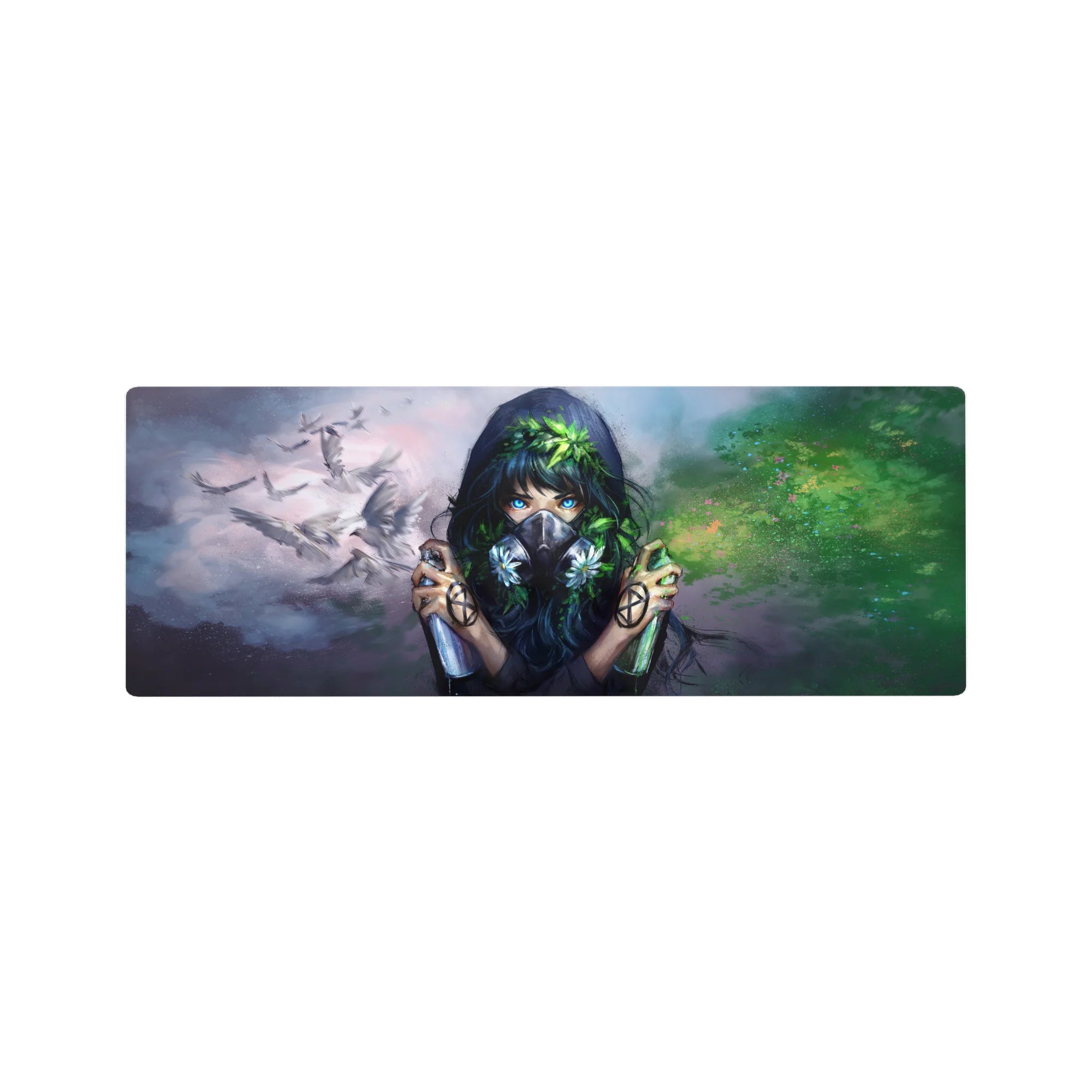 Anime girl mouse pad 32x12 inches with misty clouds, doves, leafy crown, and green paint splashes.