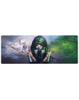 Anime girl mouse pad 32x12 inches with misty clouds, doves, leafy crown, and green paint splashes.