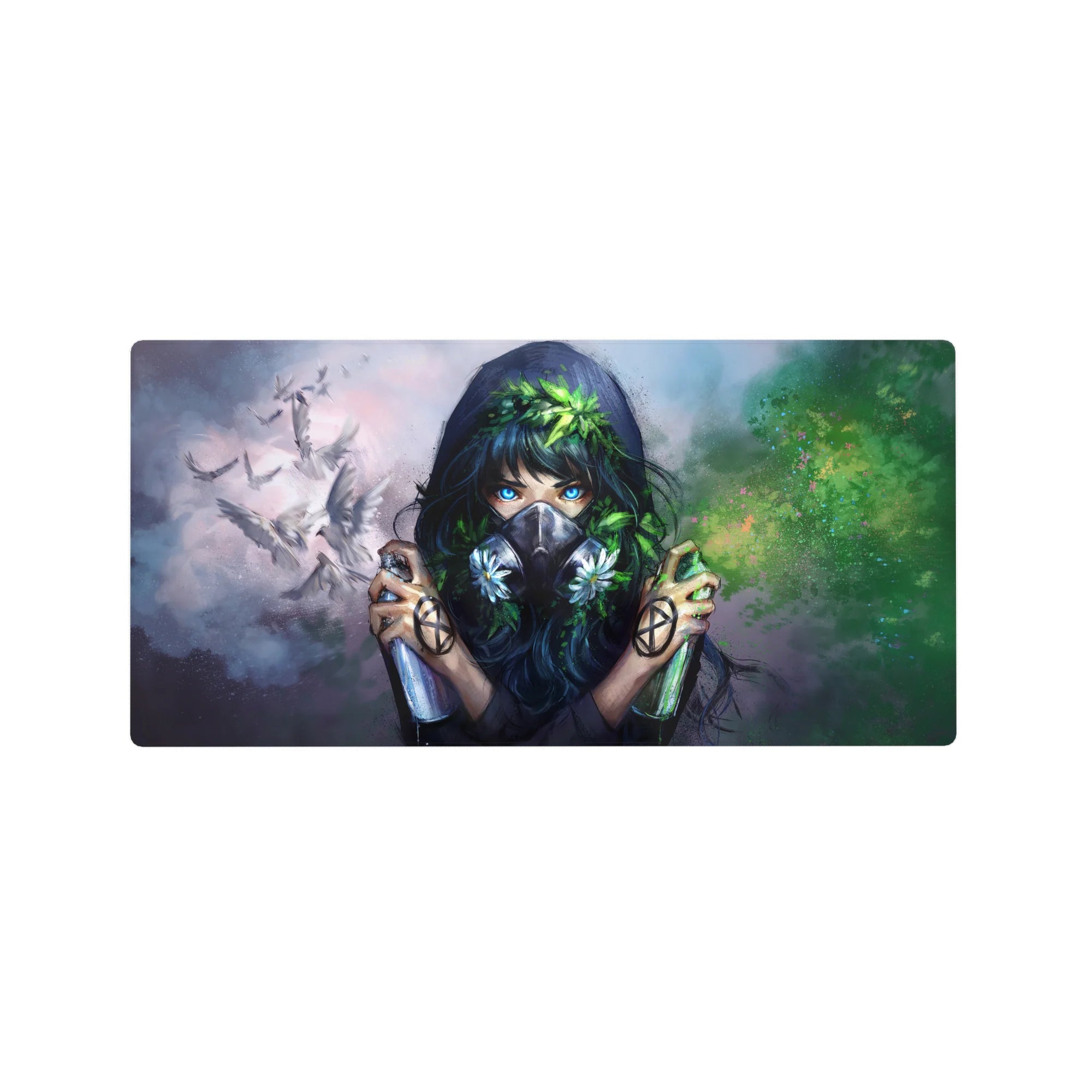 Anime girl mouse pad 32x16 inches with misty clouds, flying doves, and green paint-splash background.