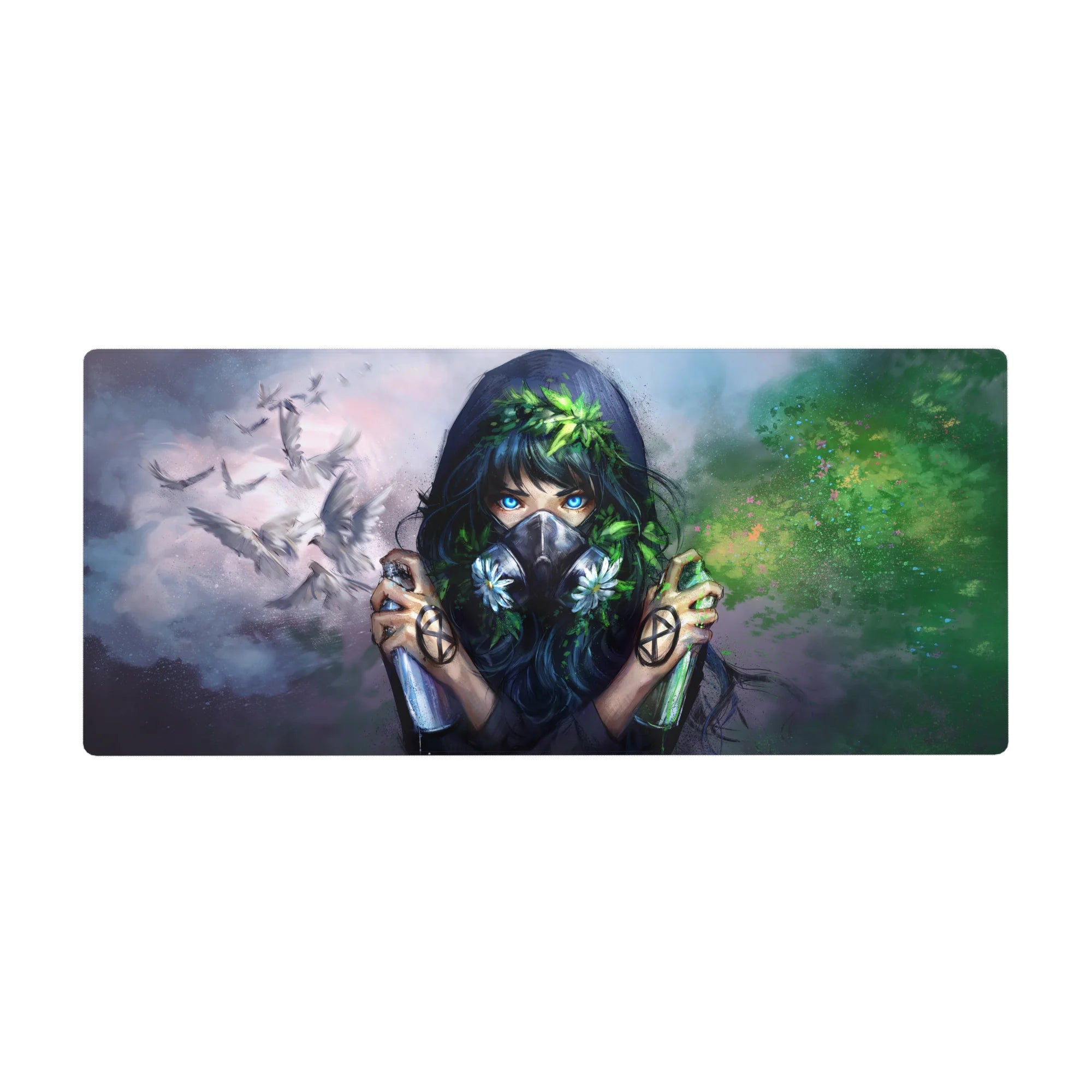 Anime girl desk pad 36x16 inches with misty clouds, flying doves, green splashes, and tiny flowers.