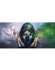Anime girl desk pad 36x16 inches with misty clouds, flying doves, green splashes, and tiny flowers.