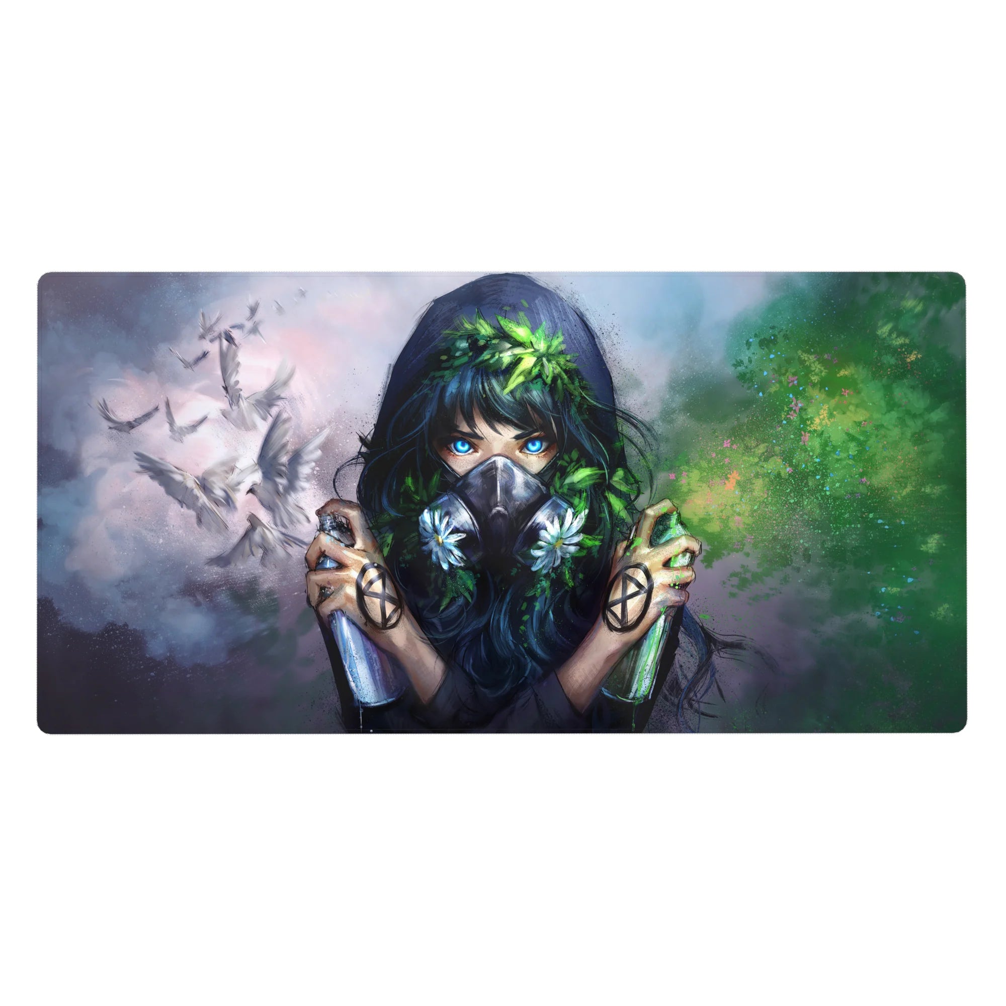 Anime girl mouse pad desk pad 40x20 inches with misty clouds, doves, leafy crown and respirator mask.