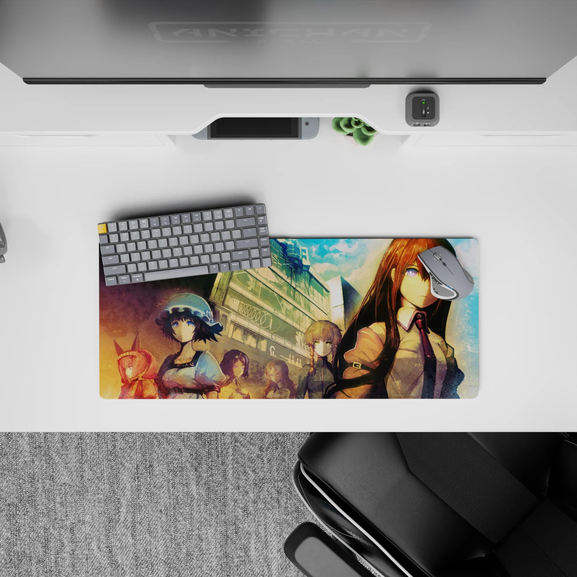 Teal sky and warm sunset haze anime mouse pad 28x12 inches with calm violet mood and sharp city silhouettes.