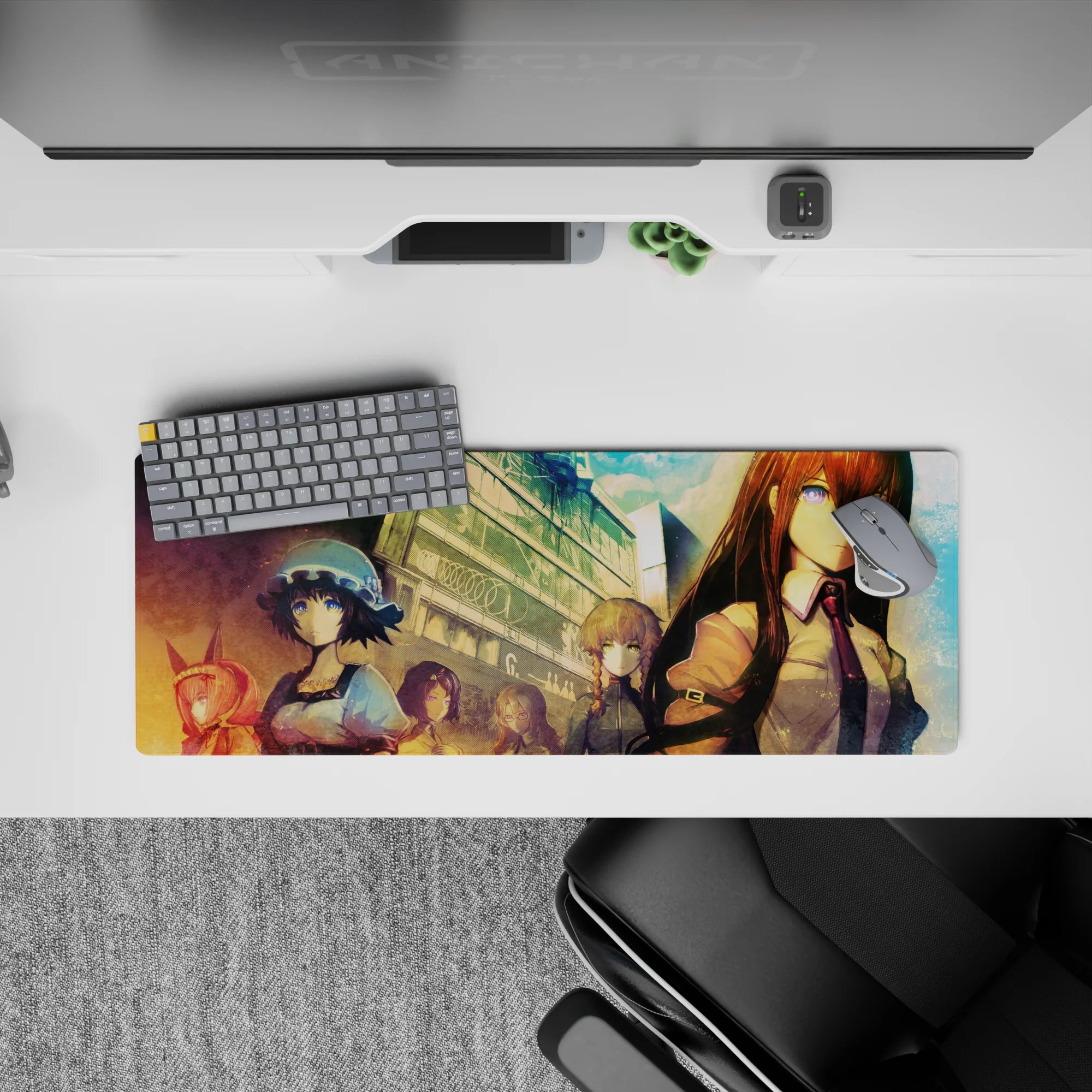 32x12 inches anime mouse pad in teal dusk sky and warm sunset haze, calm violet-eyed sci-fi mood.