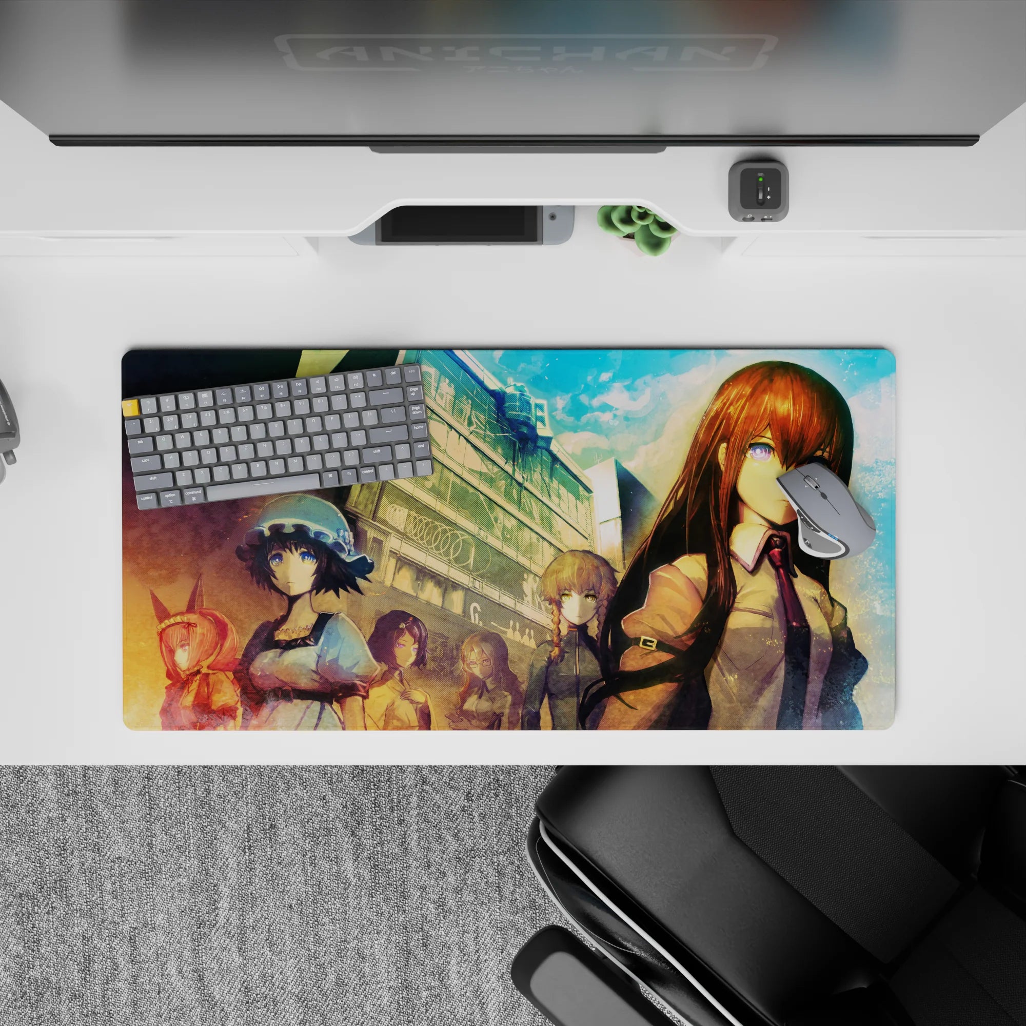 Teal sky and warm sunset haze on anime mouse pad 32x16 inches, calm violet-eyed mood scene.