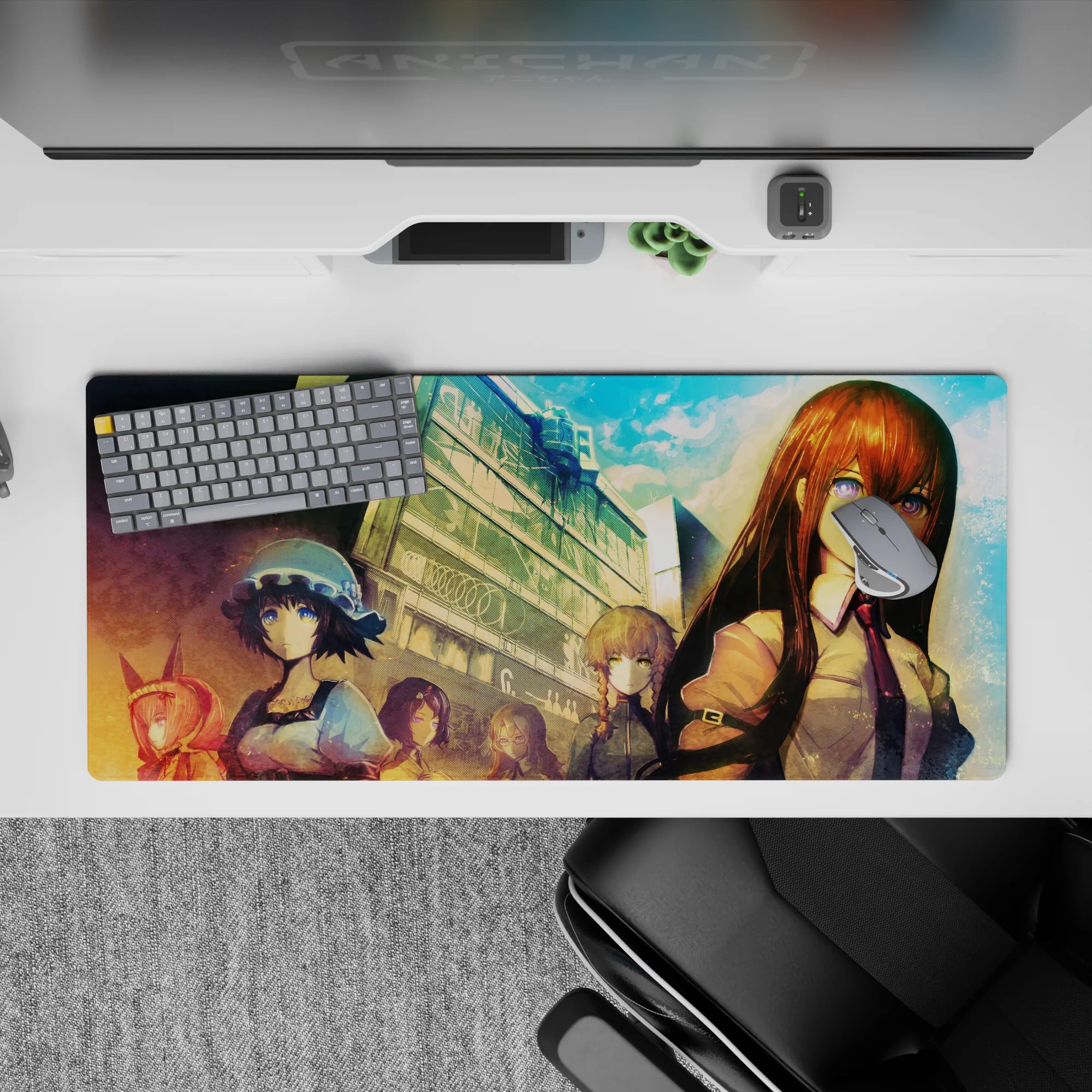 36x16 inches anime desk pad in teal dusk sky and warm sunset haze, calm tense mood, rich print.