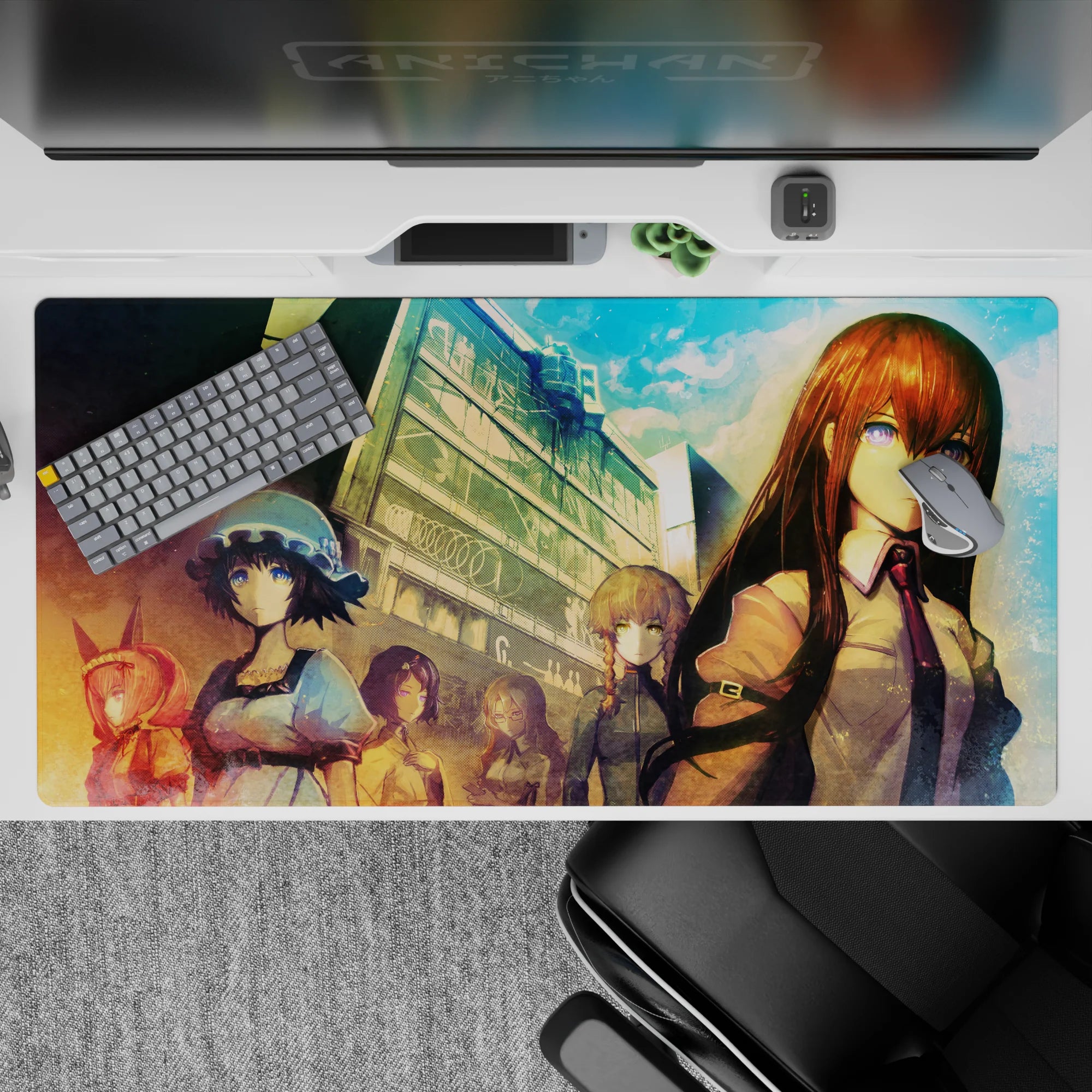 Anime desk pad 40x20 inches in teal dusk and warm sunset haze, calm violet eyes, tense sci-fi mood.