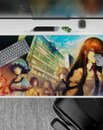 Anime desk pad 40x20 inches in teal dusk and warm sunset haze, calm violet eyes, tense sci-fi mood.