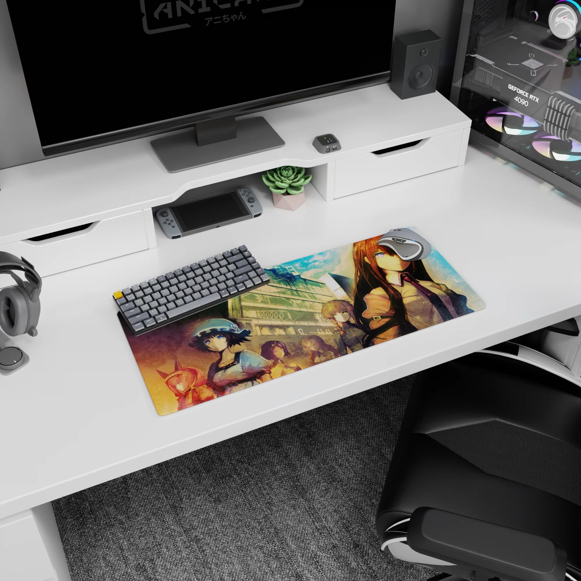 Copper-haired, violet-eyed lead in crisp shirt and tie on anime mouse pad 28x12 inches, friends behind.