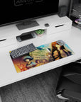 Copper-haired, violet-eyed lead in crisp shirt and tie on anime mouse pad 28x12 inches, friends behind.