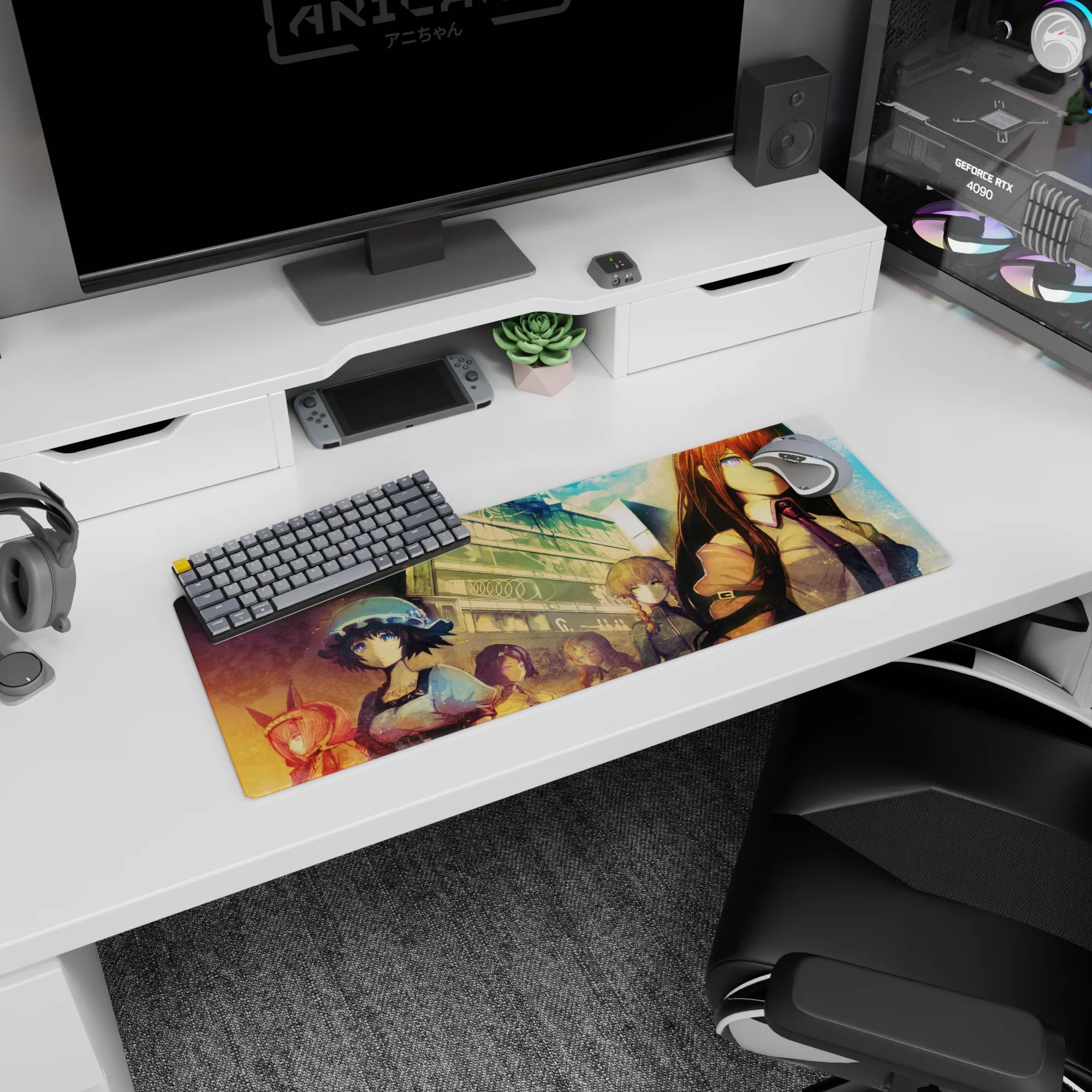 32x12 inches anime mouse pad featuring copper-haired lead in crisp shirt and tie, friends behind at dusk.