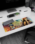 32x12 inches anime mouse pad featuring copper-haired lead in crisp shirt and tie, friends behind at dusk.