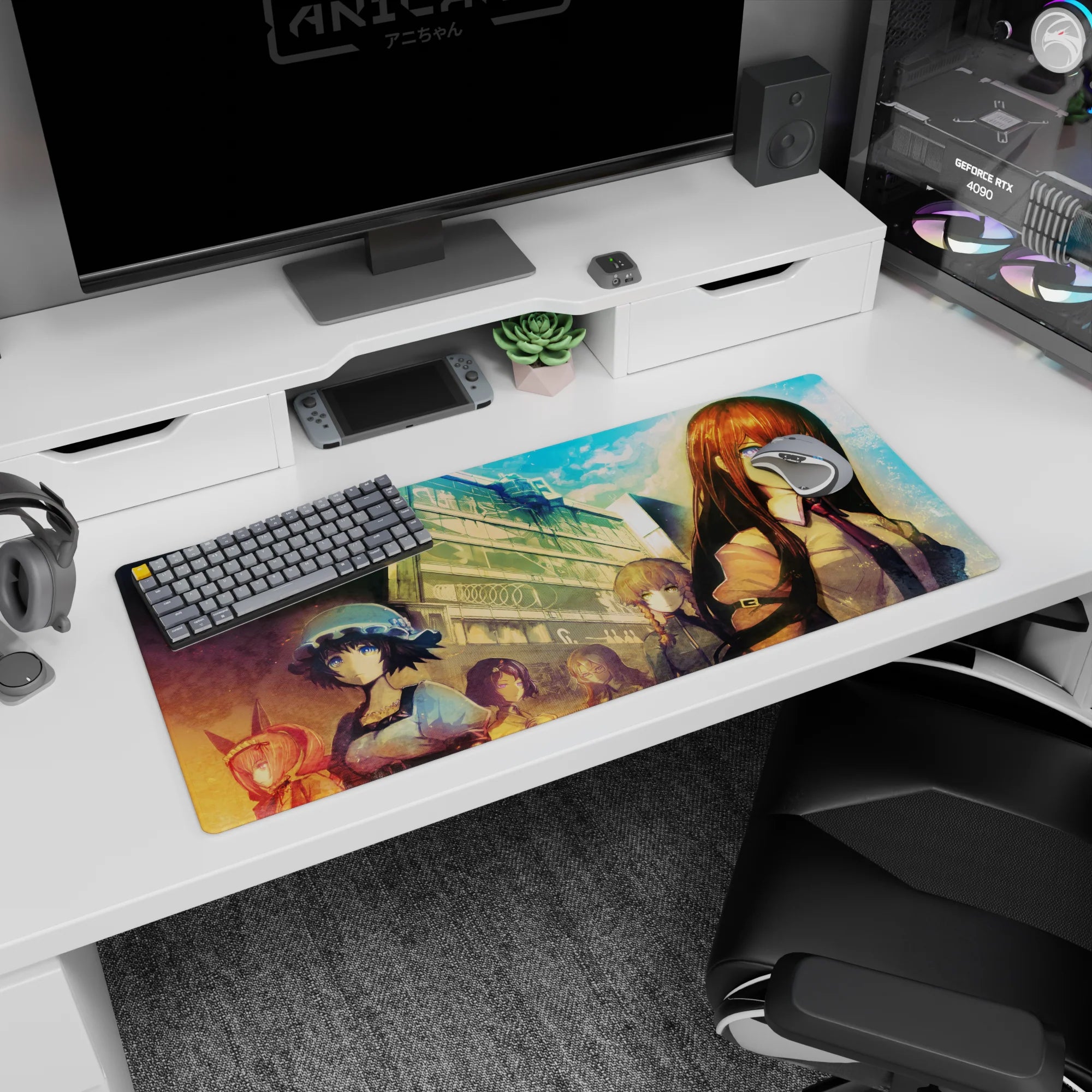 36x16 inches anime desk pad featuring Kurisu Makise with copper hair, violet eyes, crisp shirt and tie.