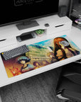 36x16 inches anime desk pad featuring Kurisu Makise with copper hair, violet eyes, crisp shirt and tie.
