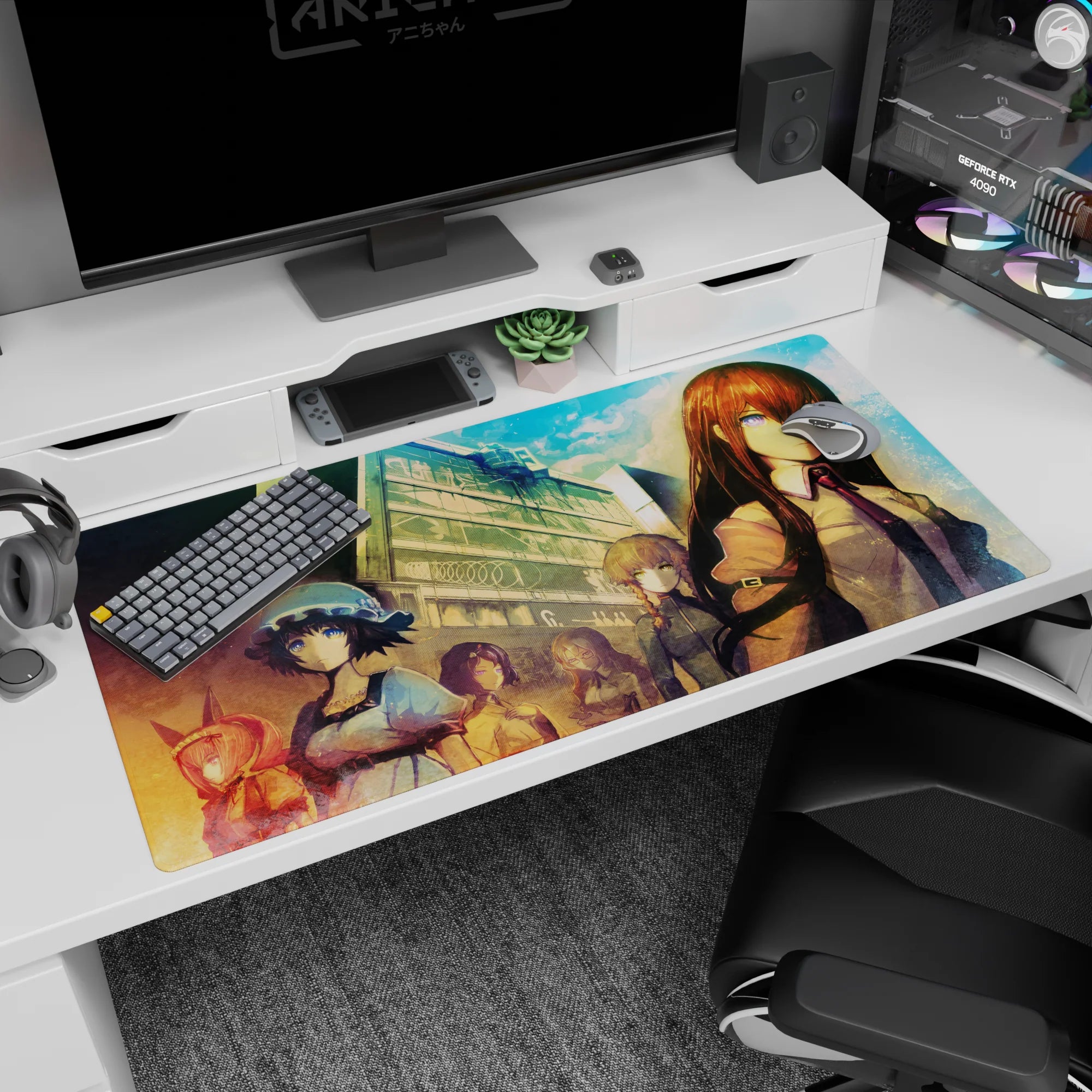 Anime desk pad 40x20 inches featuring copper-haired girl in shirt and tie, violet eyes, lab street backdrop.