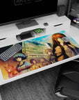 Anime desk pad 40x20 inches featuring copper-haired girl in shirt and tie, violet eyes, lab street backdrop.