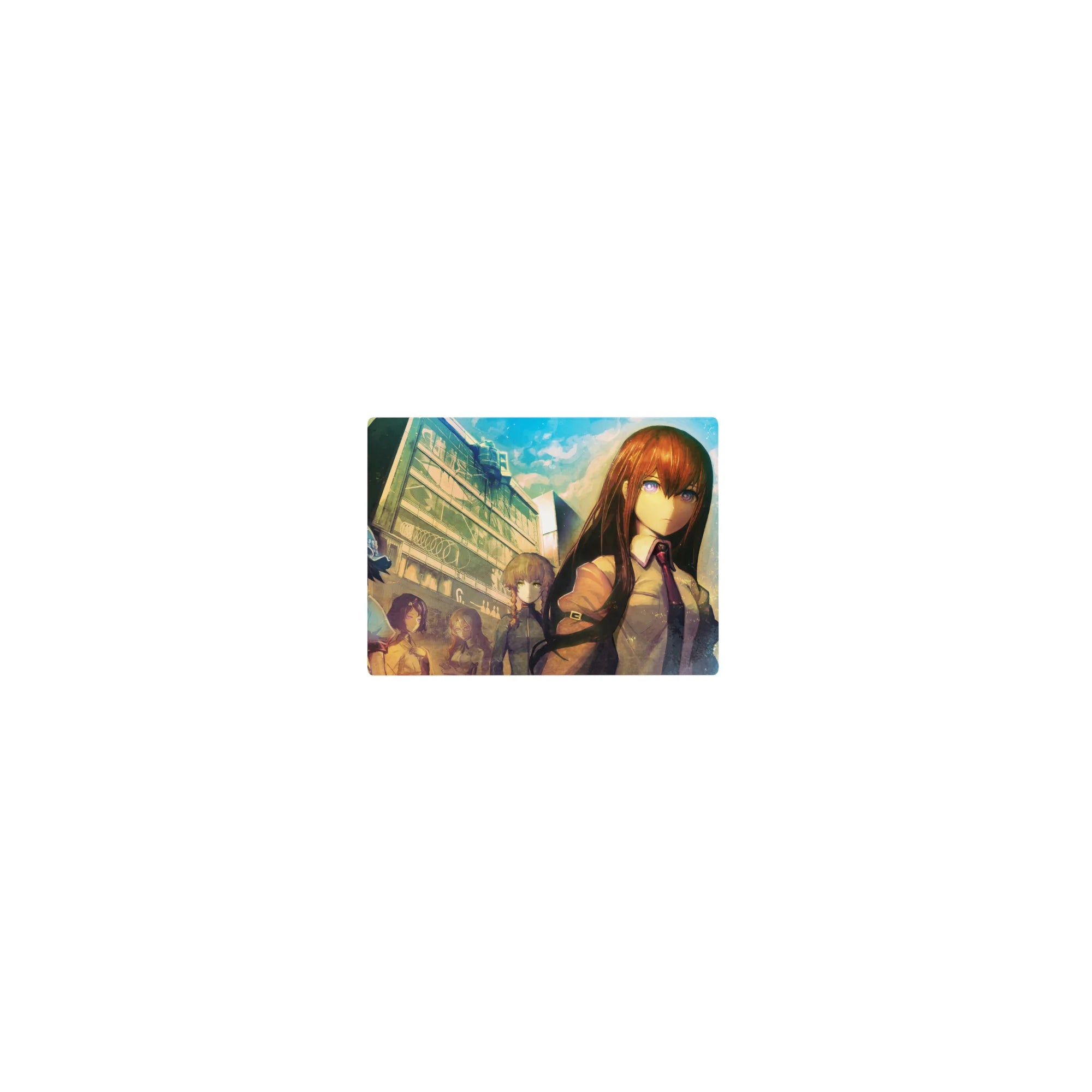 Classic anime mouse pad 14x10 inches with Steins;Gate-style lab street, tall building, and tense group scene.