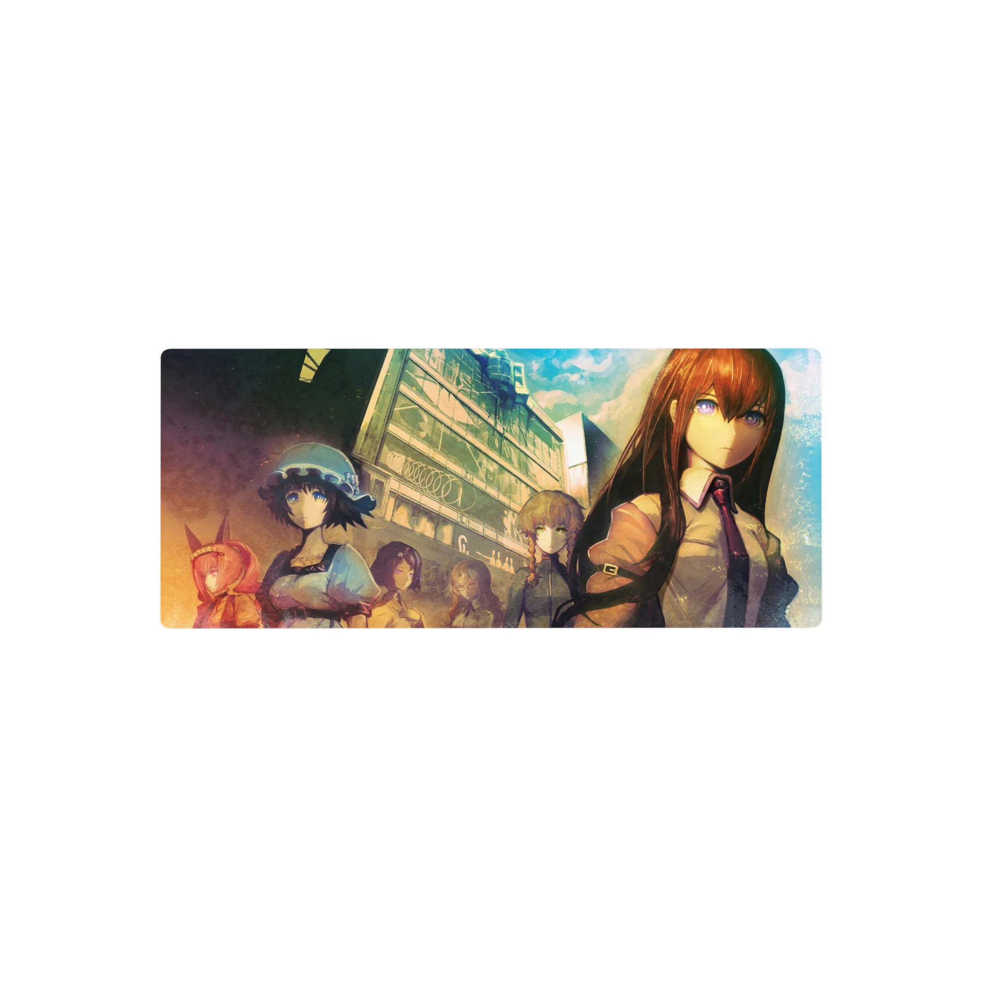 Steins;Gate anime mouse pad 28x12 inches with dusk lab street, tall building, and tense group scene.